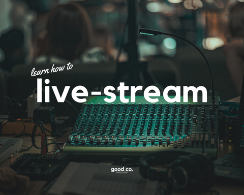 'learn how to live-stream', sound system equipment in the background, green light 