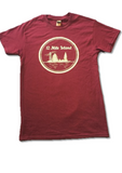 '12 Mile Island' printed on burgundy shirt