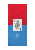 half red half blue background with a joker card in the centre with 'A' and 'B' in opposing corners with the 'Excuse Me' font on the blue half