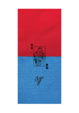 half red half blue background with a joker card in the centre with 'A' and 'B' in opposing corners with the 'Excuse Me' font on the blue half