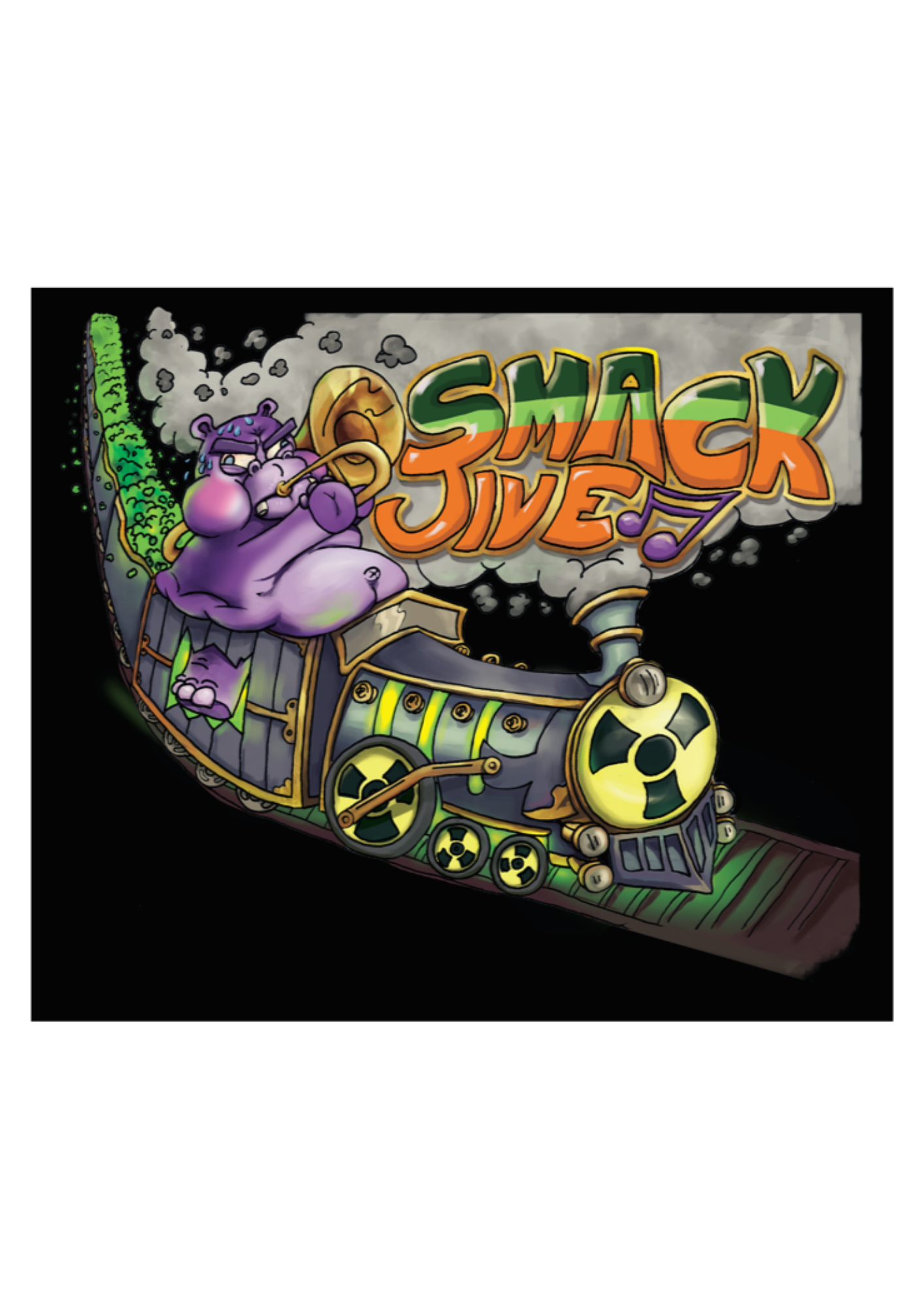 graphic of a hippo on a train with the text 'smack jive'