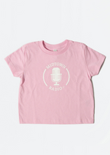 pink children's t-shirt 'midtown radio'  with white microphone graphic