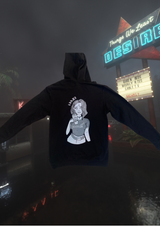 KAAJE!! | Black Americult Pull Over with a female graphic on the back floating in front of a foggy background