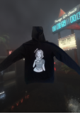 KAAJE!! | Black Americult Pull Over with a female graphic on the back floating in front of a foggy background