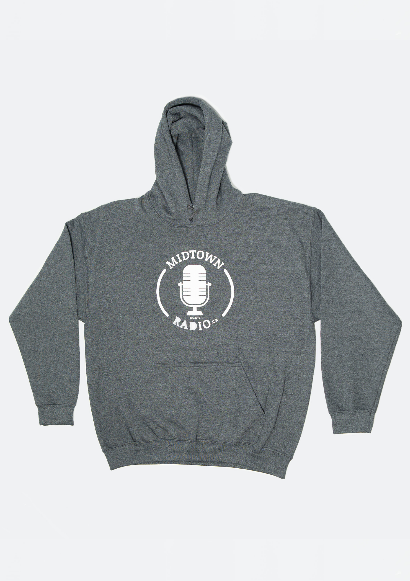 grey hoodie with the 'midtown radio' text and white microphone graphic 