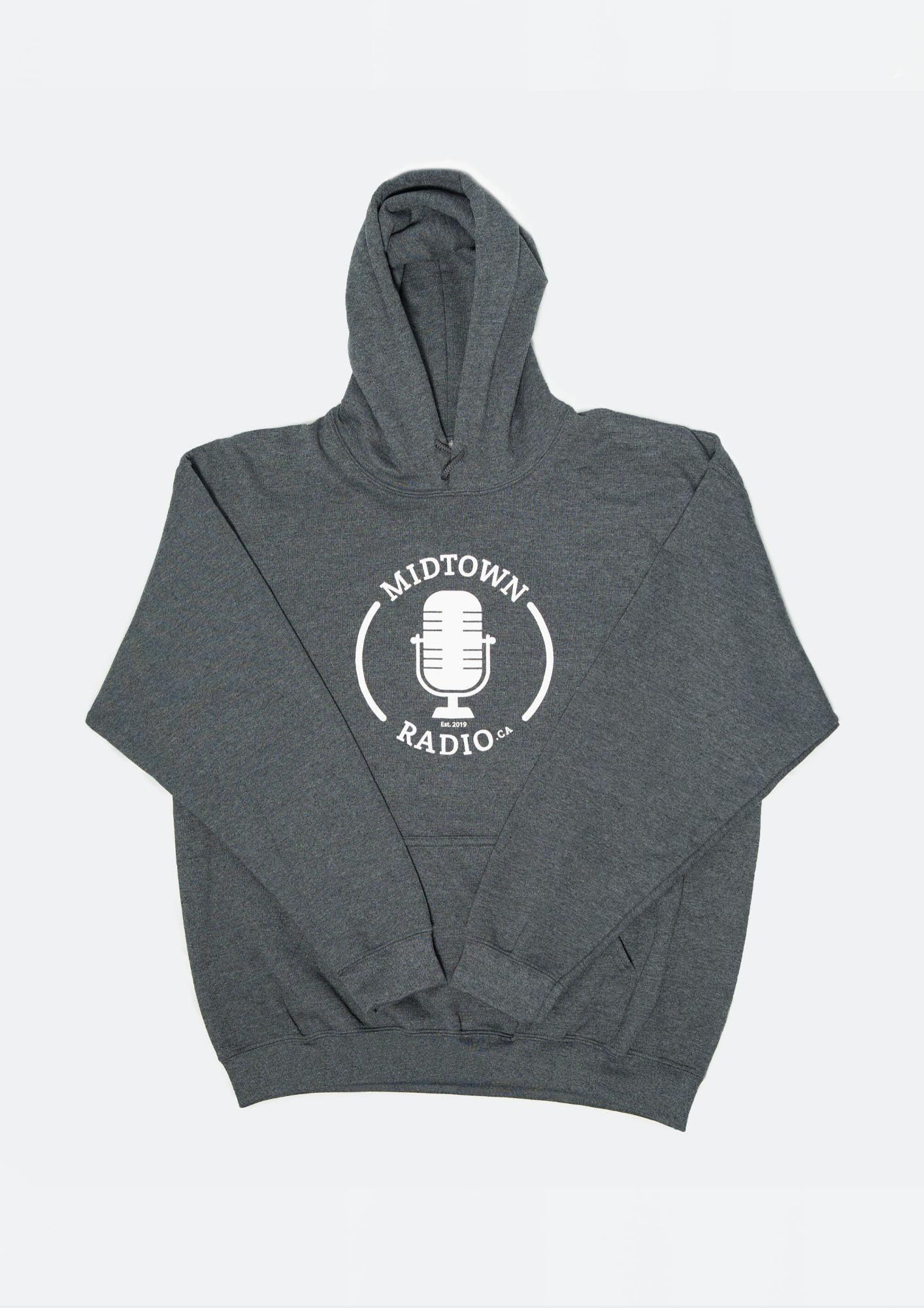 grey hoodie with the 'midtown radio' text and white microphone graphic