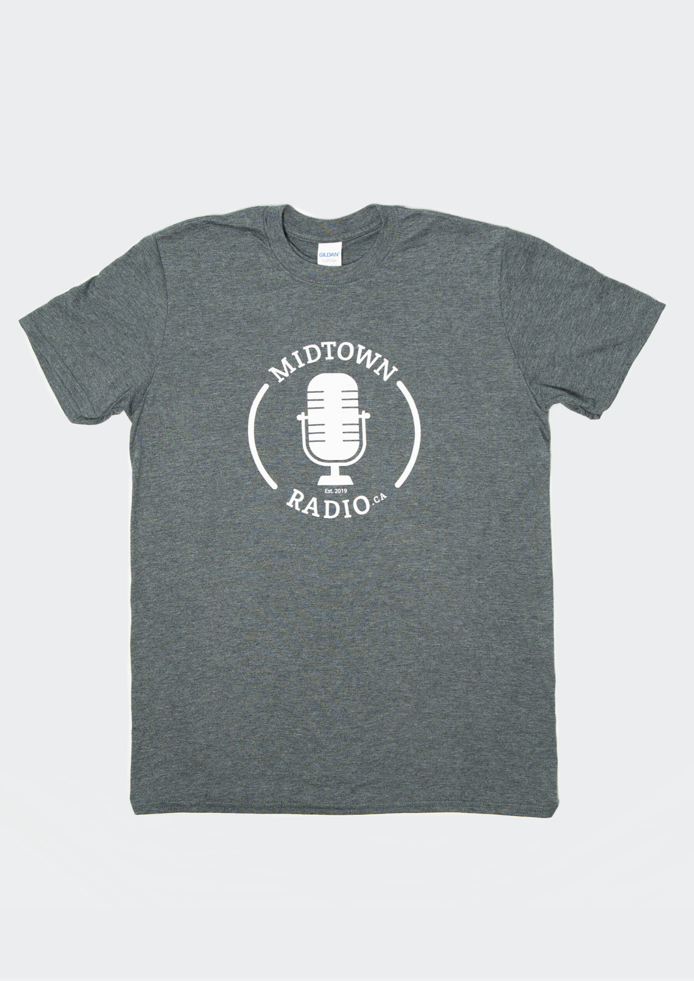 grey logo t-shirt with 'midtown radio' text with white graphic microphone