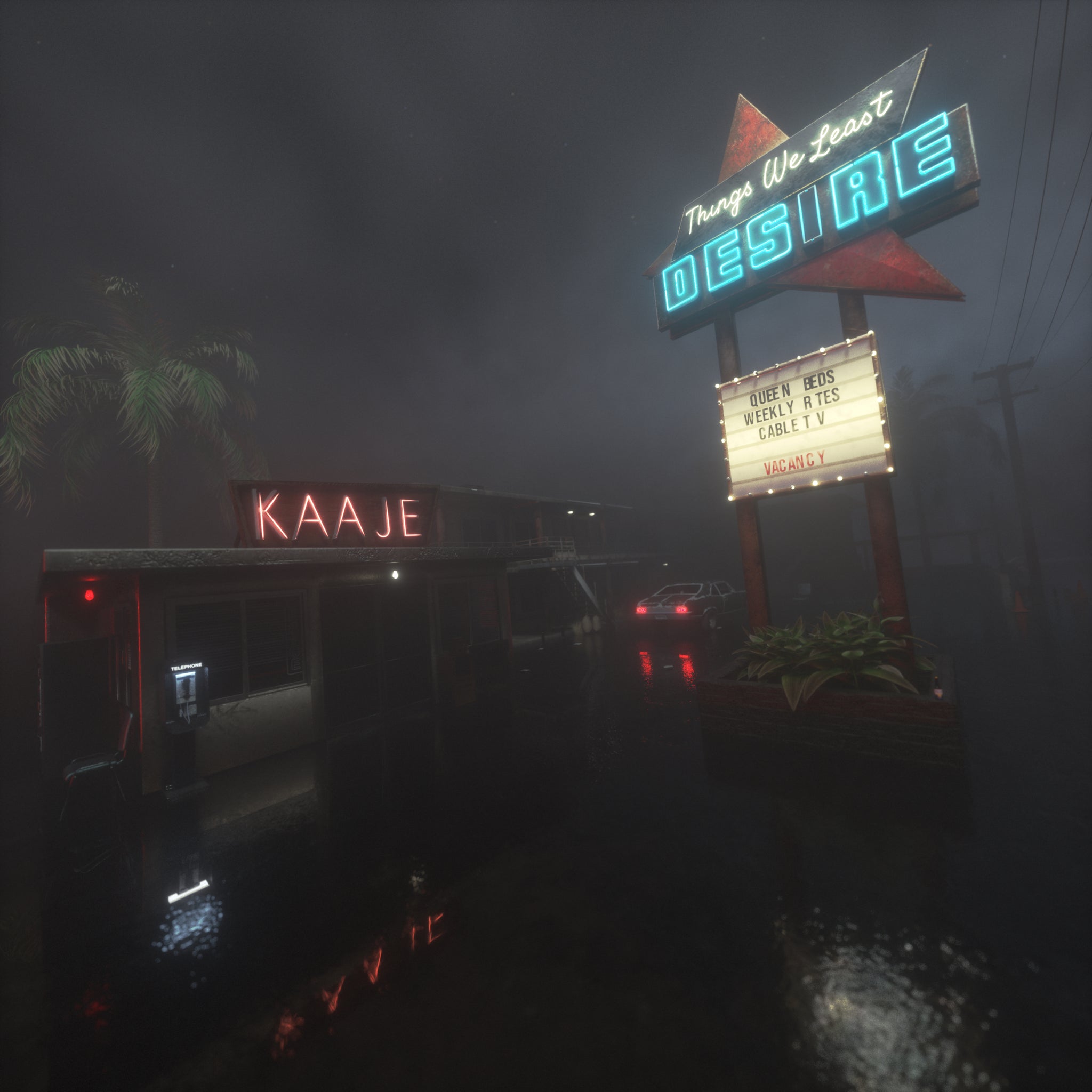 'KAAJE!!  Things We Least Desire Media'  text used on a pop up diner in the fog at night