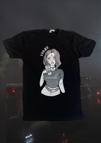 KAAJE!! | Black Americult Tee with a female graphic on the back floating in front of a foggy background