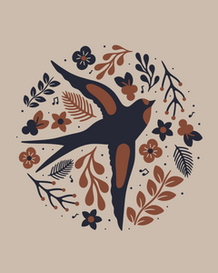 a black and rusty red drawn swallow with leaves and flowers surrounding it on a white print