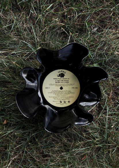 Handmade Vinyl Bowl being displayed on grass