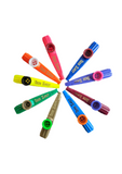 red, orange, blue, purple, burgundy, light blue, army green, lime green, yellow Kazoos arranged in a star
